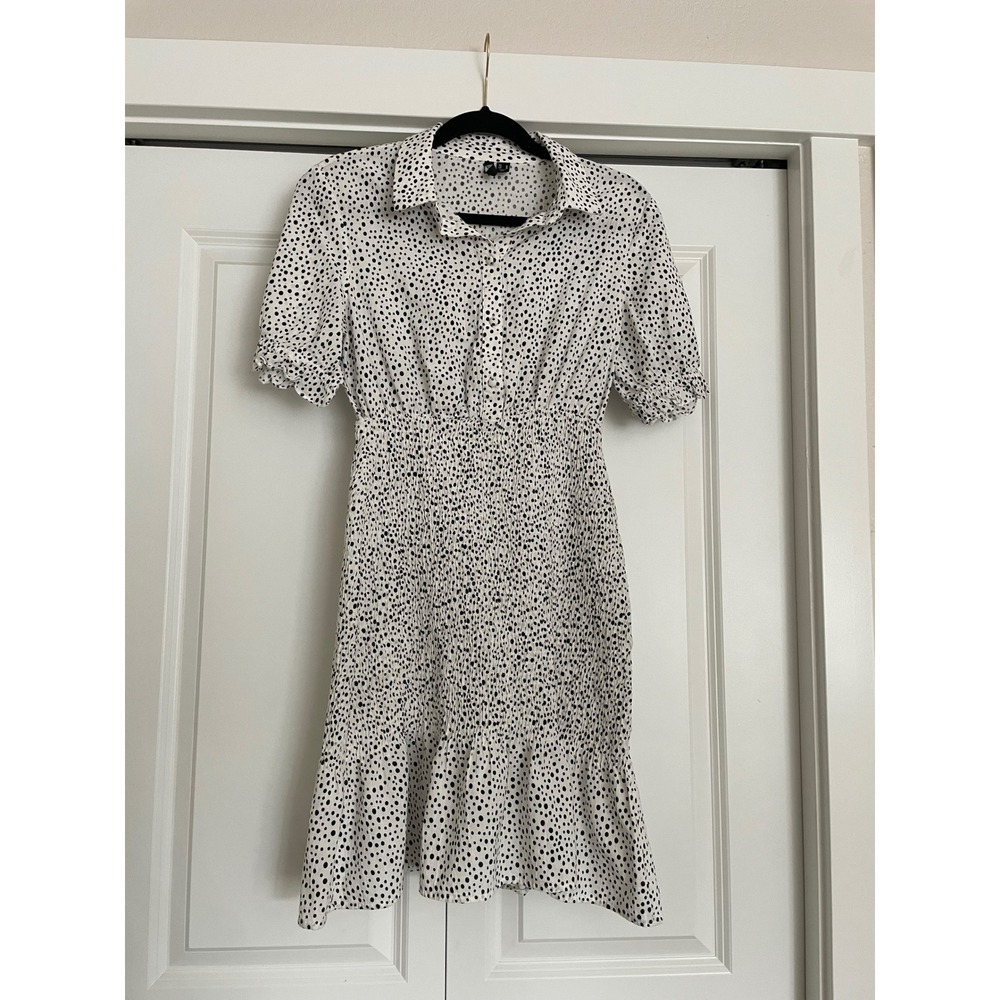 Vero Moda Mini Dress Polka Dot Smocked Ruffle Puff Sleeve White Black Medium